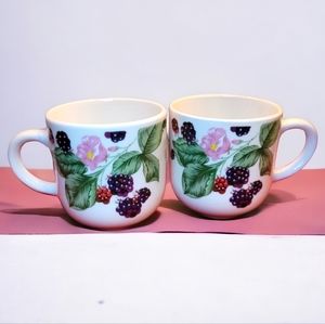 2 Vtg Mugs Raspberry Social By TIENSHAN Stoneware Cups Berries Pink Rose